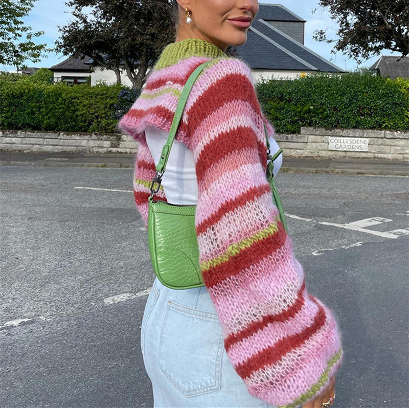 LaPose Fashion - Roxana Knit Crop Top - Clothing, Crop Tops, Knitted Tops, Long Sleeve Tops, Striped Tops, Summer Clothes, Tops, Turtleneck 