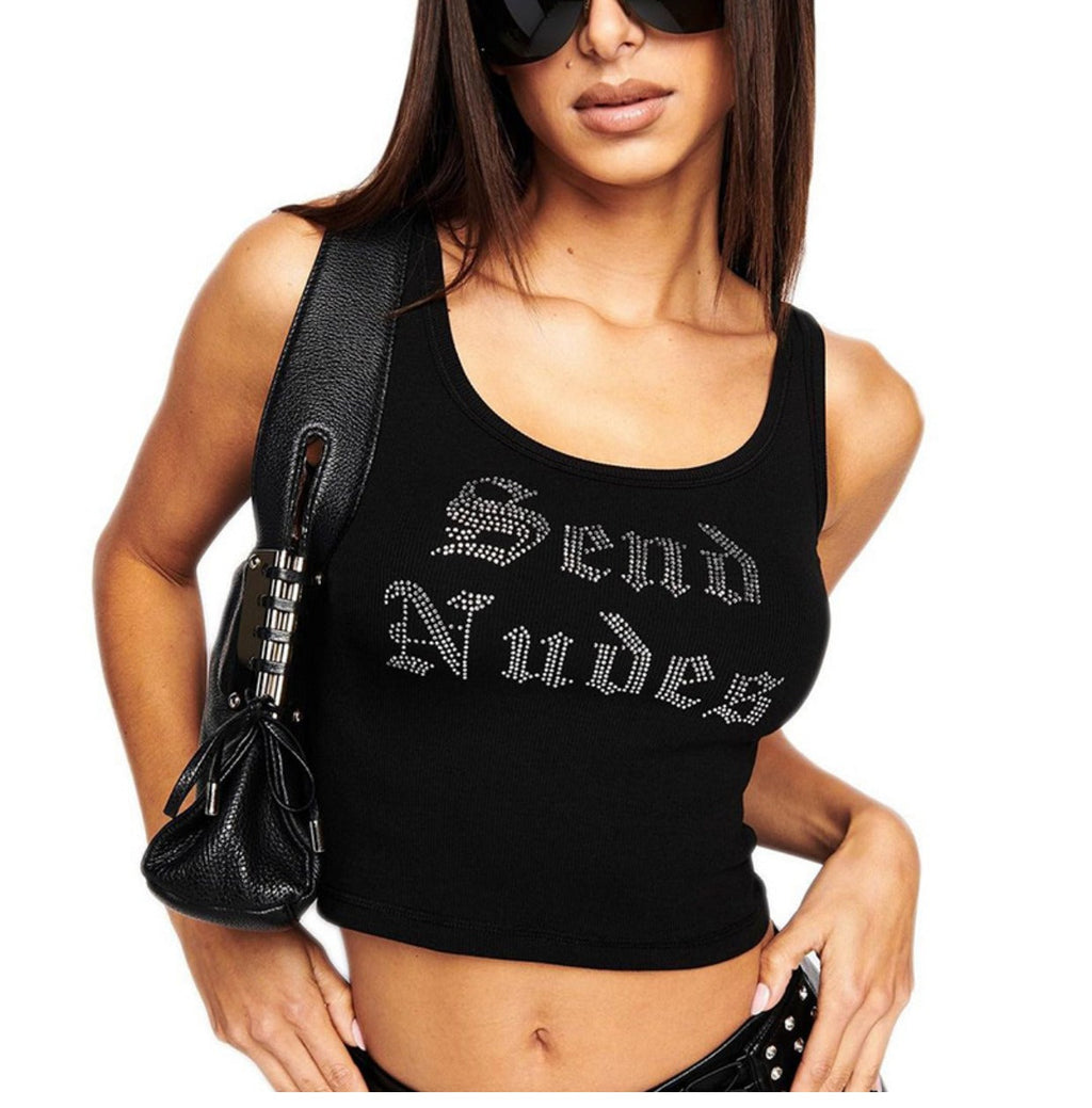 LaPose Fashion - Send Nudes Embellished Top - Basic Tops, Clothing, Collab.Jan, Crop Tops, Letter Print Tops, Sexy Tops, Sleeveless Tops, Tank Top