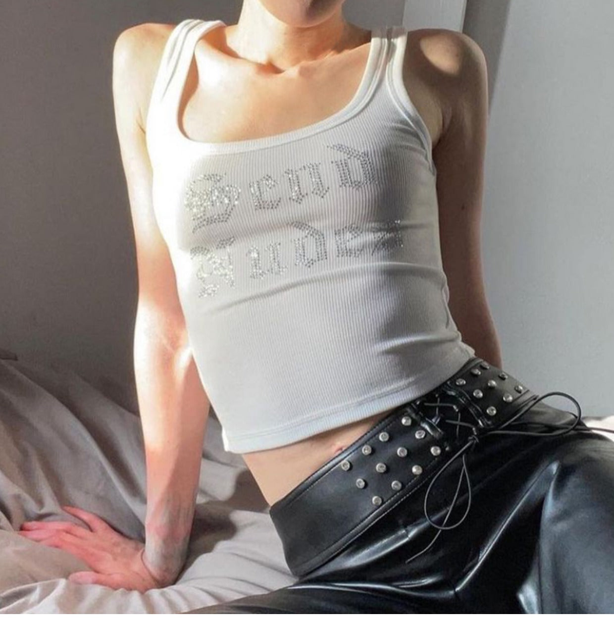 LaPose Fashion - Send Nudes Embellished Top - Basic Tops, Clothing, Collab.Jan, Crop Tops, Letter Print Tops, Sexy Tops, Sleeveless Tops, Tank Top