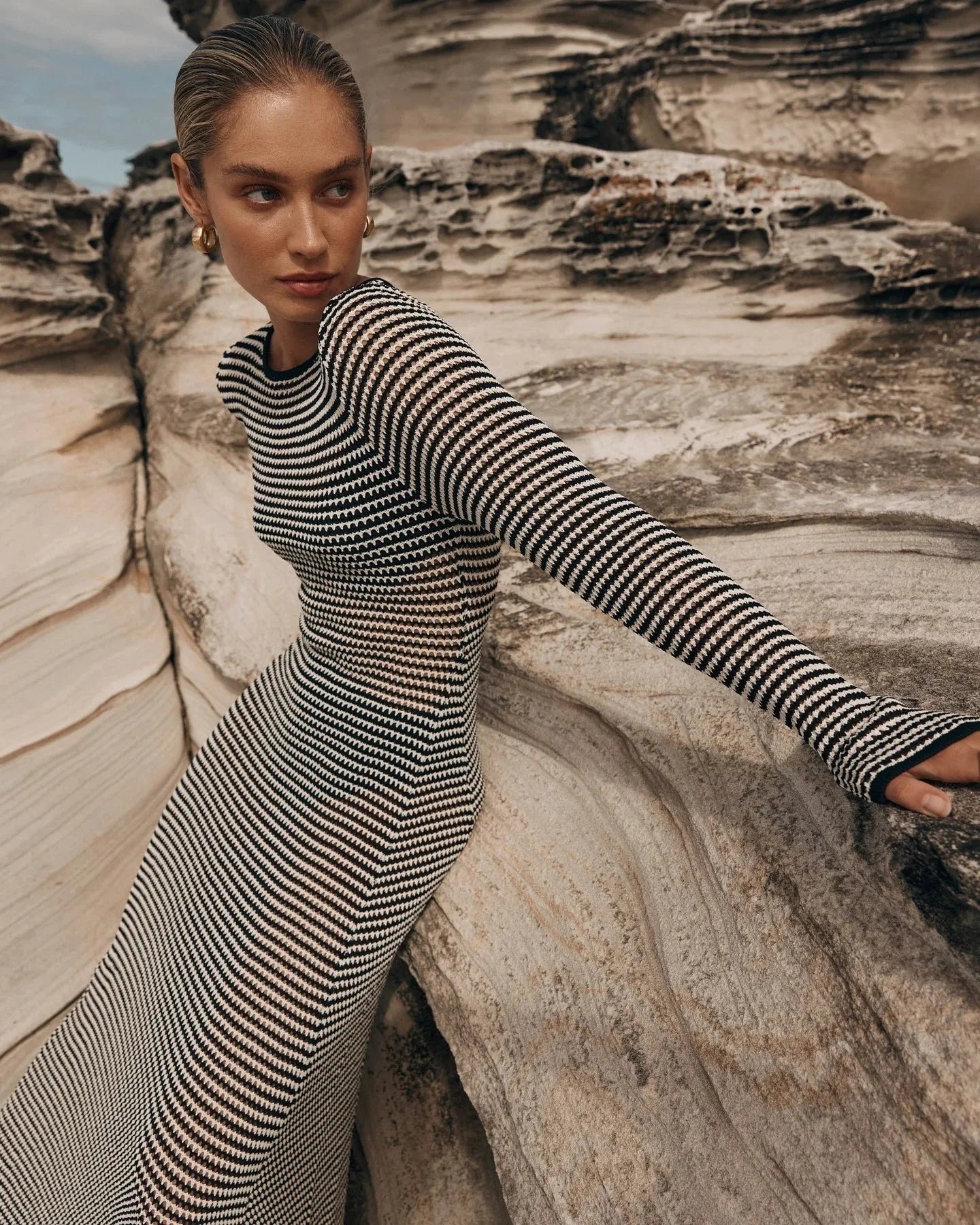 LaPose Fashion - Thais Knit Striped Maxi Dress - Beach Dresses, Bodycon Dresses, Daytime Dresses, Dresses, Elegant Dresses, Fall-Winter 23, Going Out