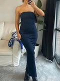 LaPose Fashion - Yanet Denim Strapless Maxi Dress - Bodycon Dresses, Dresses, Elegant Dresses, Fall-Winter 23, Going Out Dresses, Long Dresses, Straples