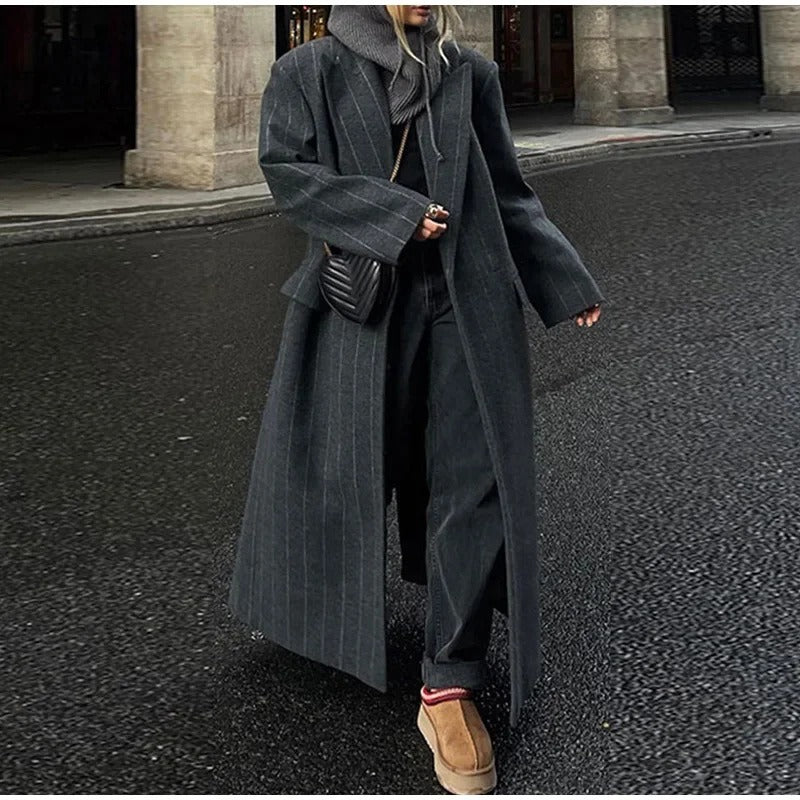Kassidee Striped Lapel Long Coat