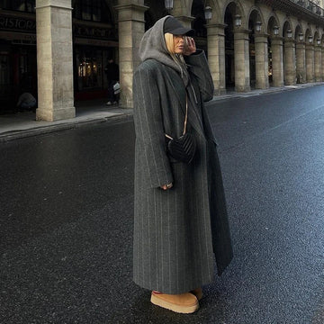 Kassidee Striped Lapel Long Coat