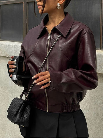 Jesse Burgundy Faux Leather Cropped Jacket