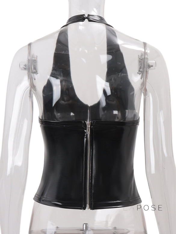 Aahana Faux Leather Halter Crop Top [VTLBJ9TA]
