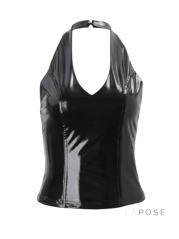 Aahana Faux Leather Halter Crop Top [4XMDQXZB]