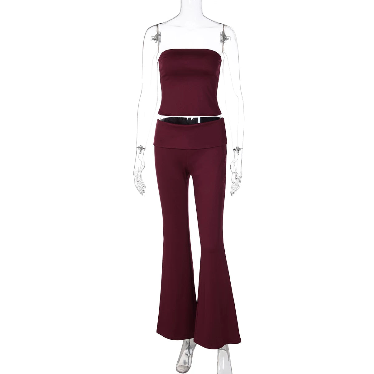 LaPose - Aaleiya Strapless Flare Pants Set - Wine Red Color