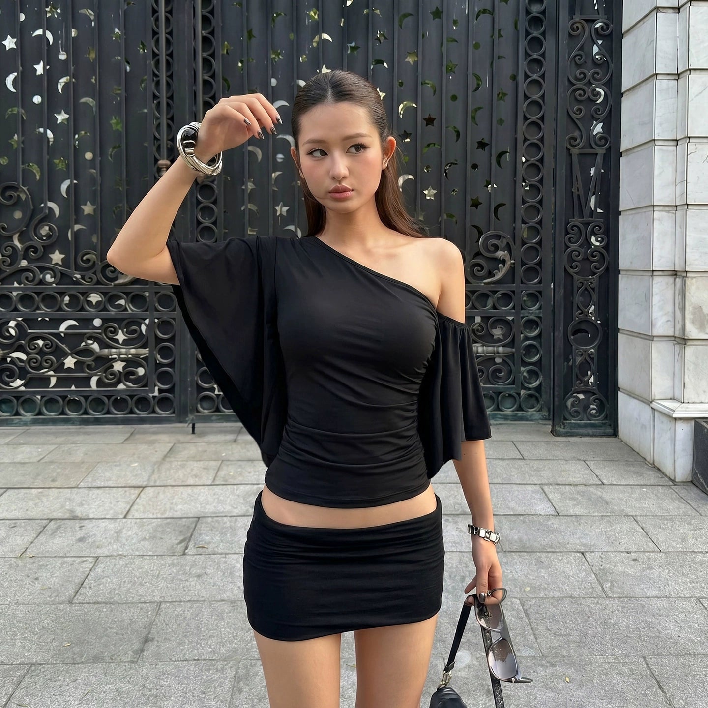 Aaliyah One Shoulder Ruched Top - Black Color