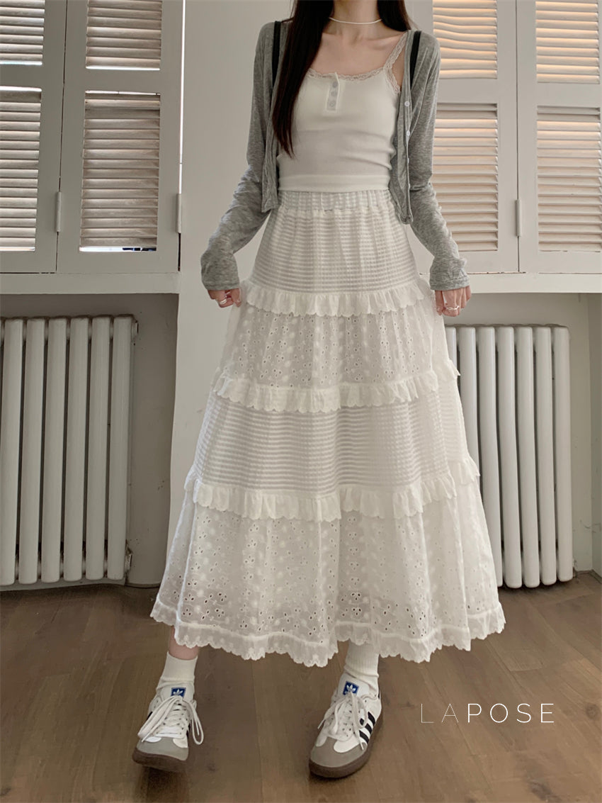 Aaralyn Tiered Lace Midi Skirt [N4A97LUB]