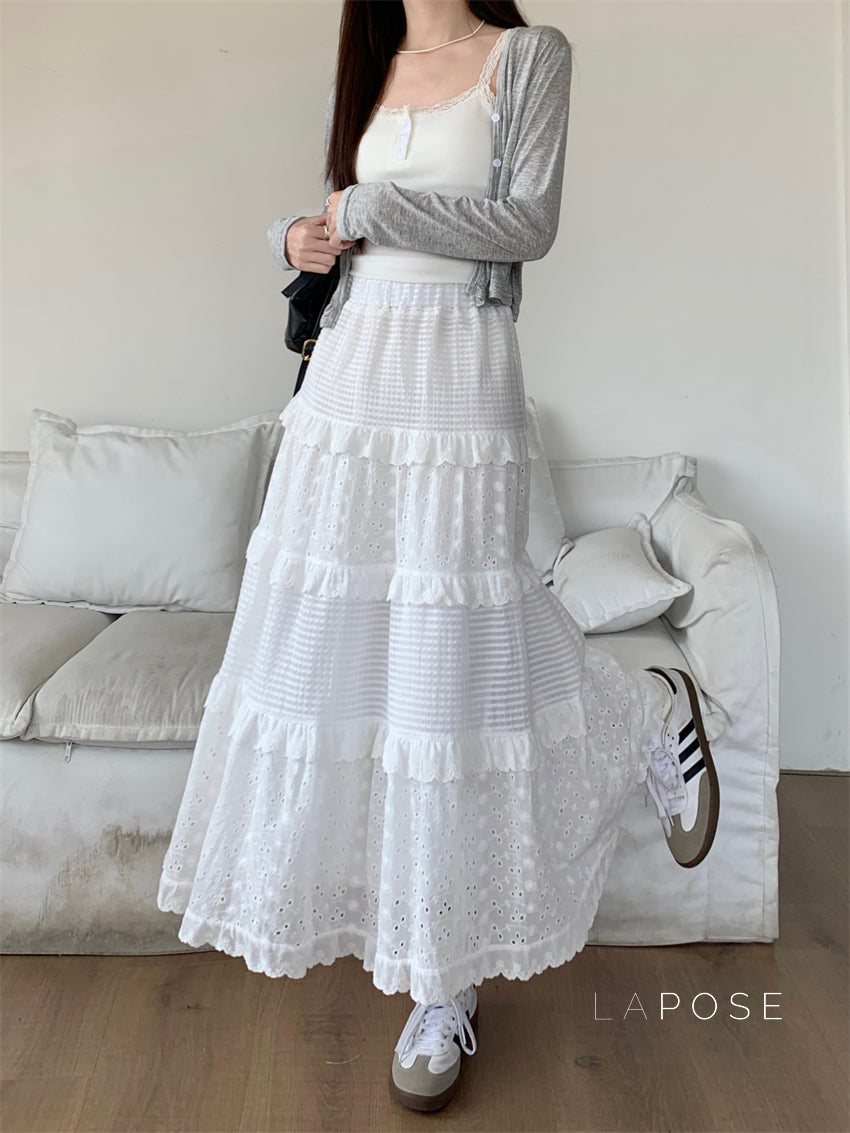 Aaralyn Tiered Lace Midi Skirt [SB2IKX2O]