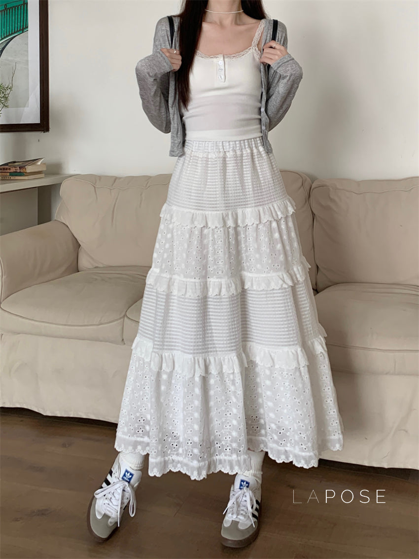 Aaralyn Tiered Lace Midi Skirt [K1D6U14S]