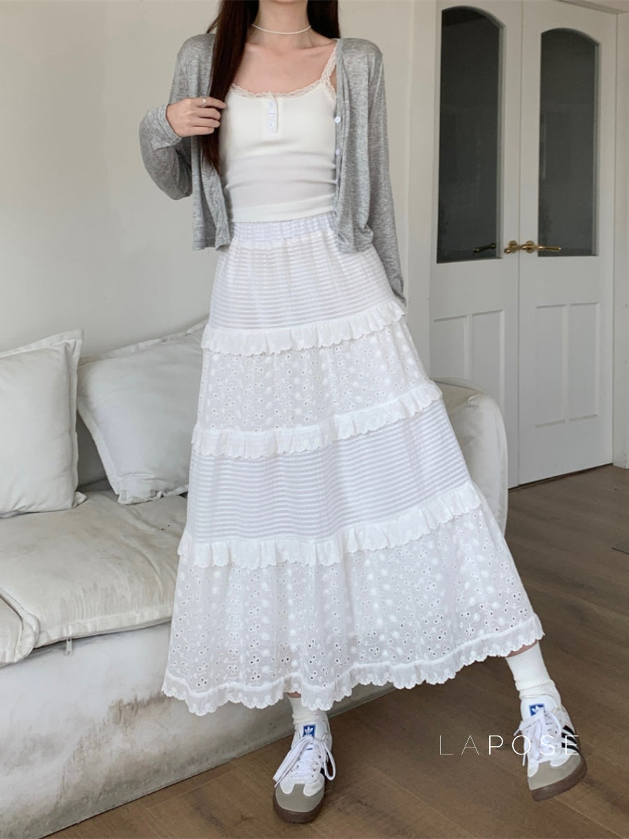 Aaralyn Tiered Lace Midi Skirt [1TSKLW0I]