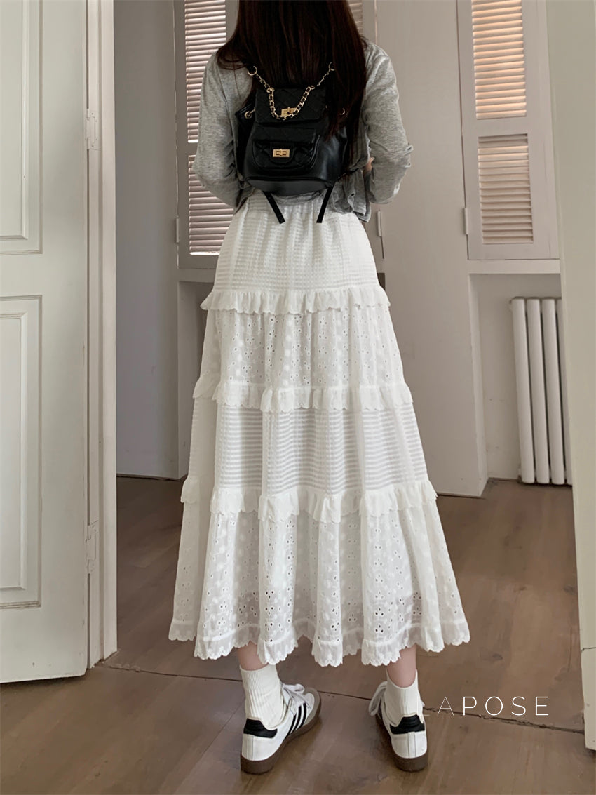 Aaralyn Tiered Lace Midi Skirt [PIMWC4RM]