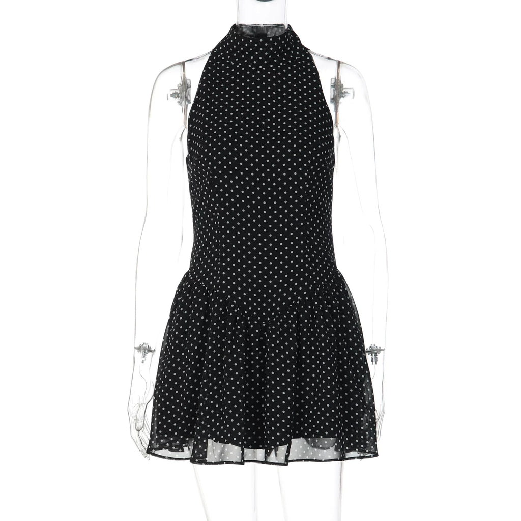 LaPose - Aaryn Polka Dot Halter Mini Dress - Black Color