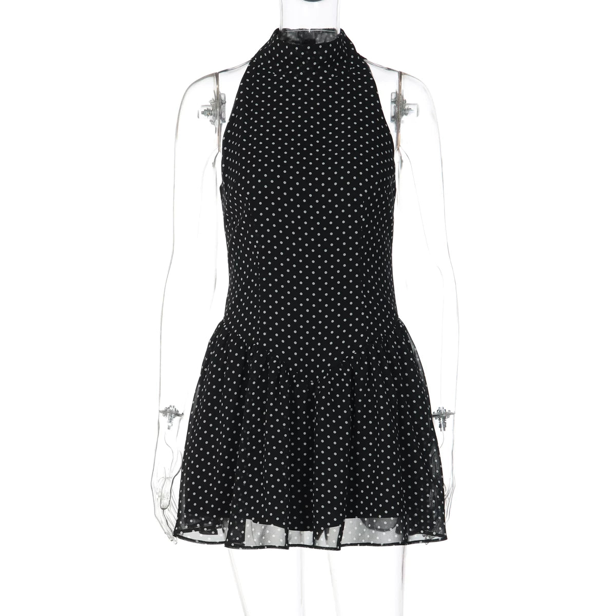 LaPose - Aaryn Polka Dot Halter Mini Dress - Black Color