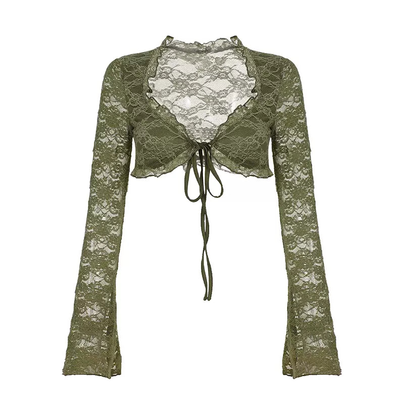 LaPose - Aasiya Lace Tie-Front Crop Top - Green Color