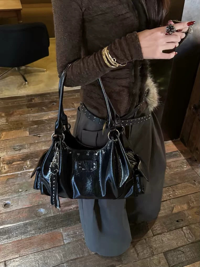 LaPose - Adaeze Studded Oil Wax Shoulder Bag - Black Color