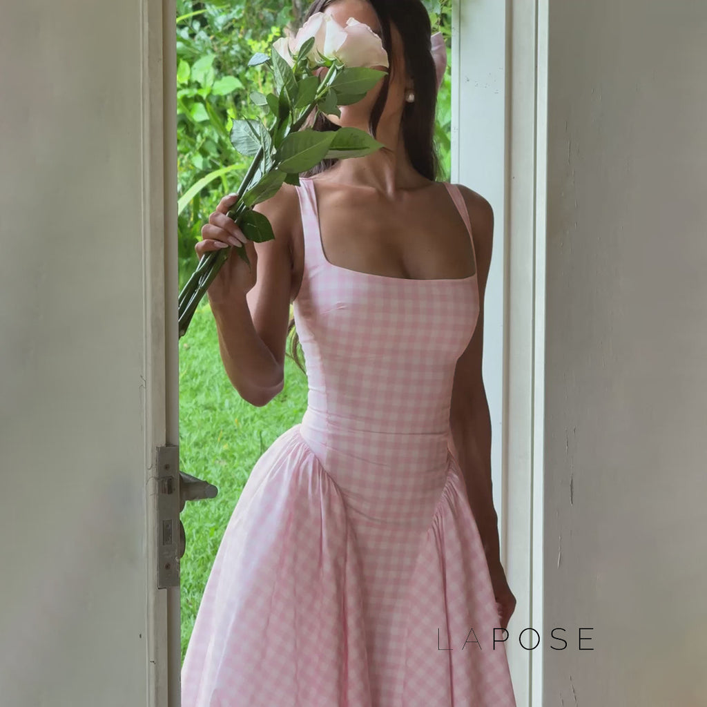 Adalae Plaid Backless Midi Dress [LY1A2RN1]