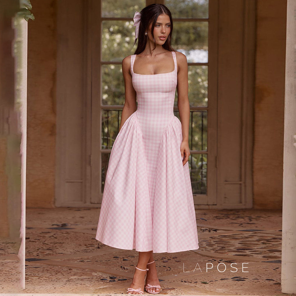 Adalae Plaid Backless Midi Dress [ZRS3OTUW]