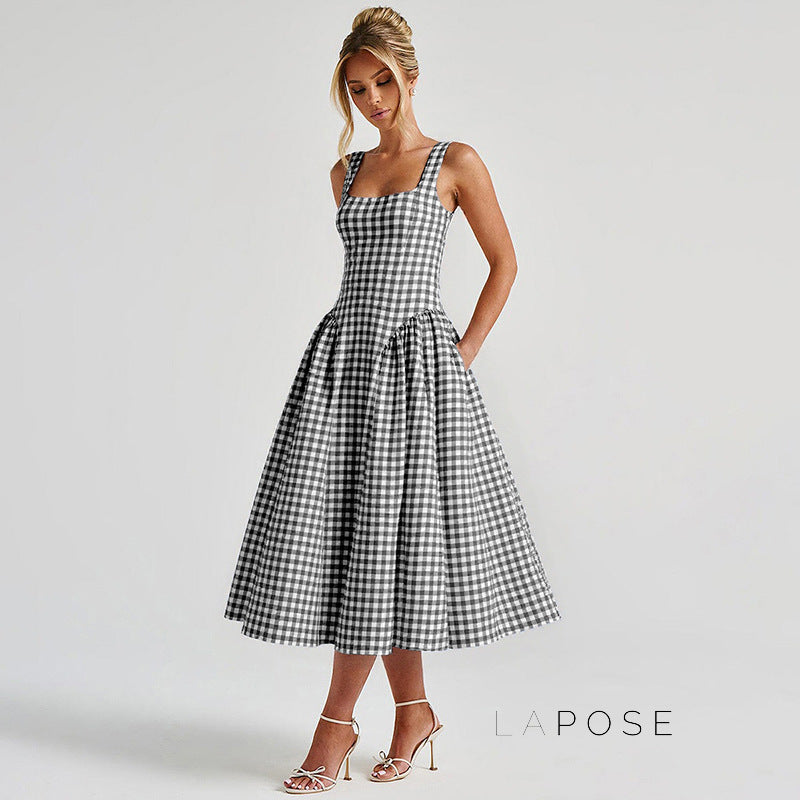 Adalae Plaid Backless Midi Dress [S82TL4Y1]