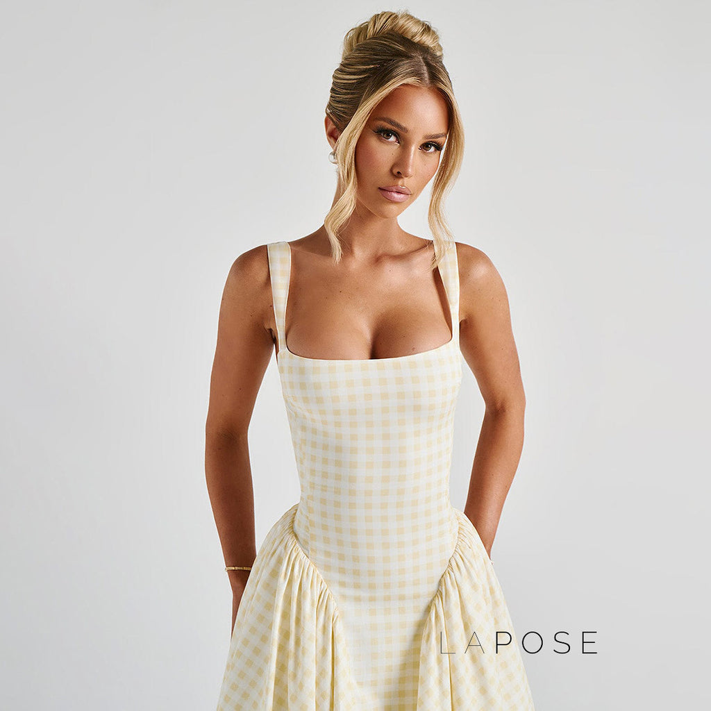 Adalae Plaid Backless Midi Dress [NVS9YZ7K]