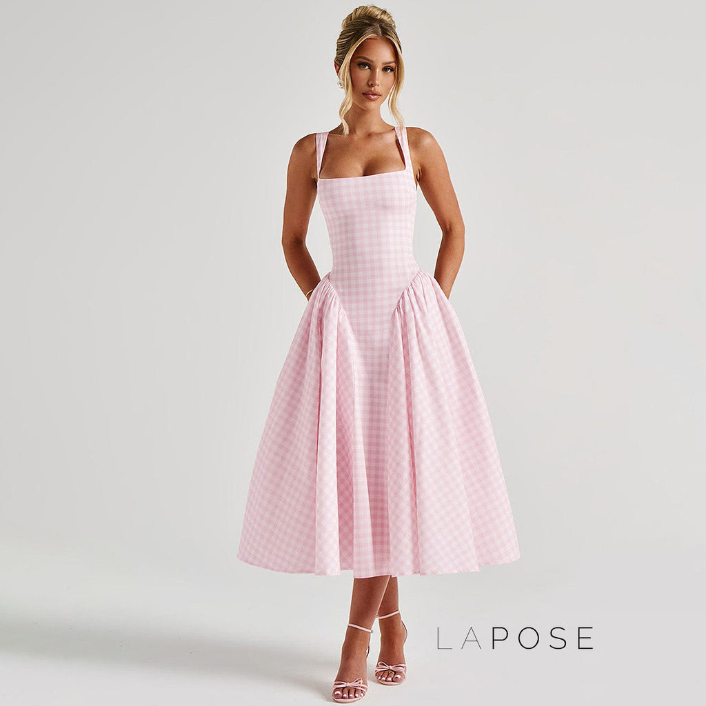 Adalae Plaid Backless Midi Dress [ZI5T1WKH]