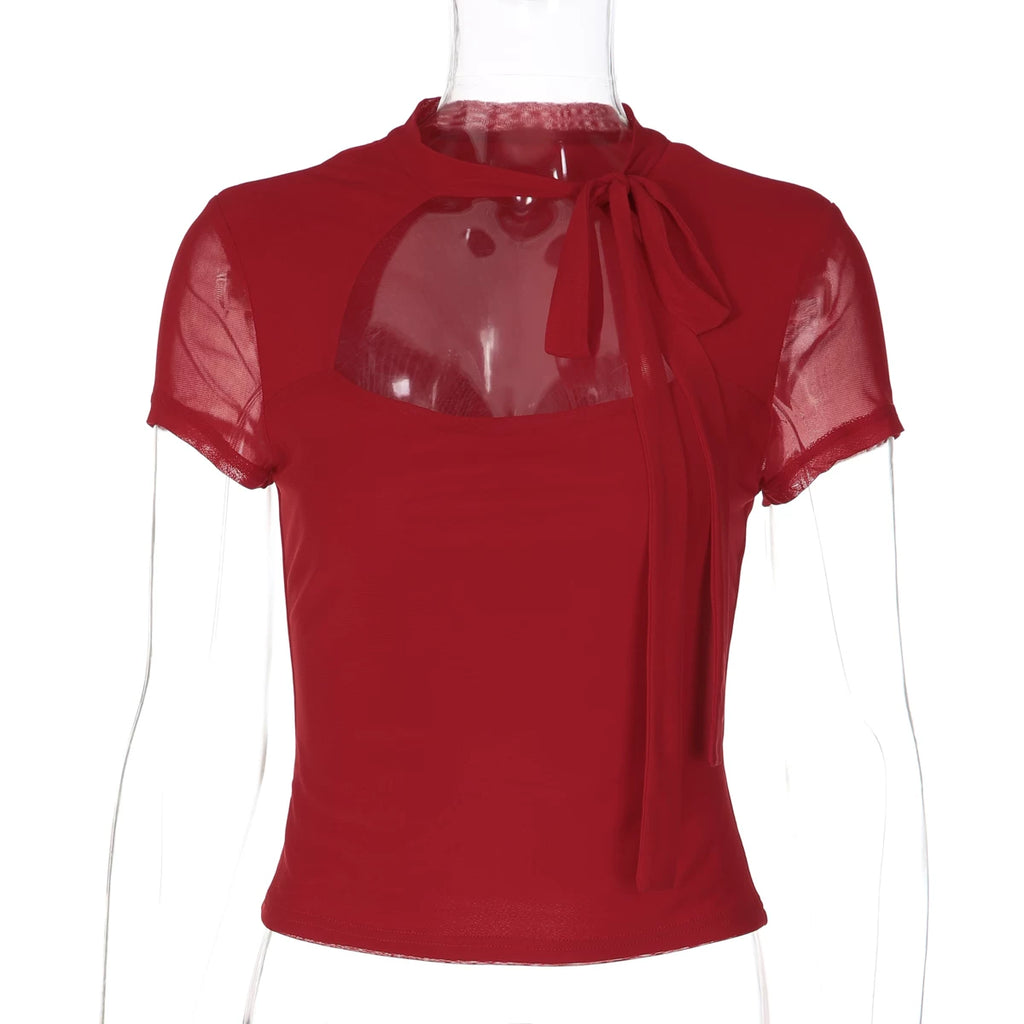 LaPose - Addisen Cutout Mesh Tie Top - Red Color