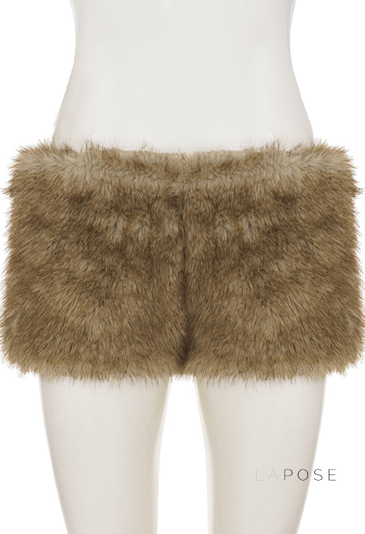 Adeline Khaki Faux Fur Shorts [OIHCS78D]