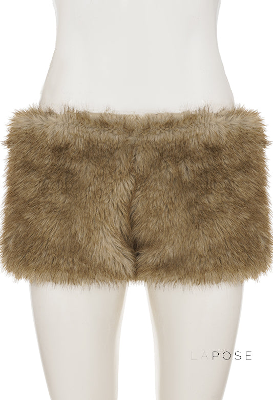 Adeline Khaki Faux Fur Shorts [H4E19SV2]