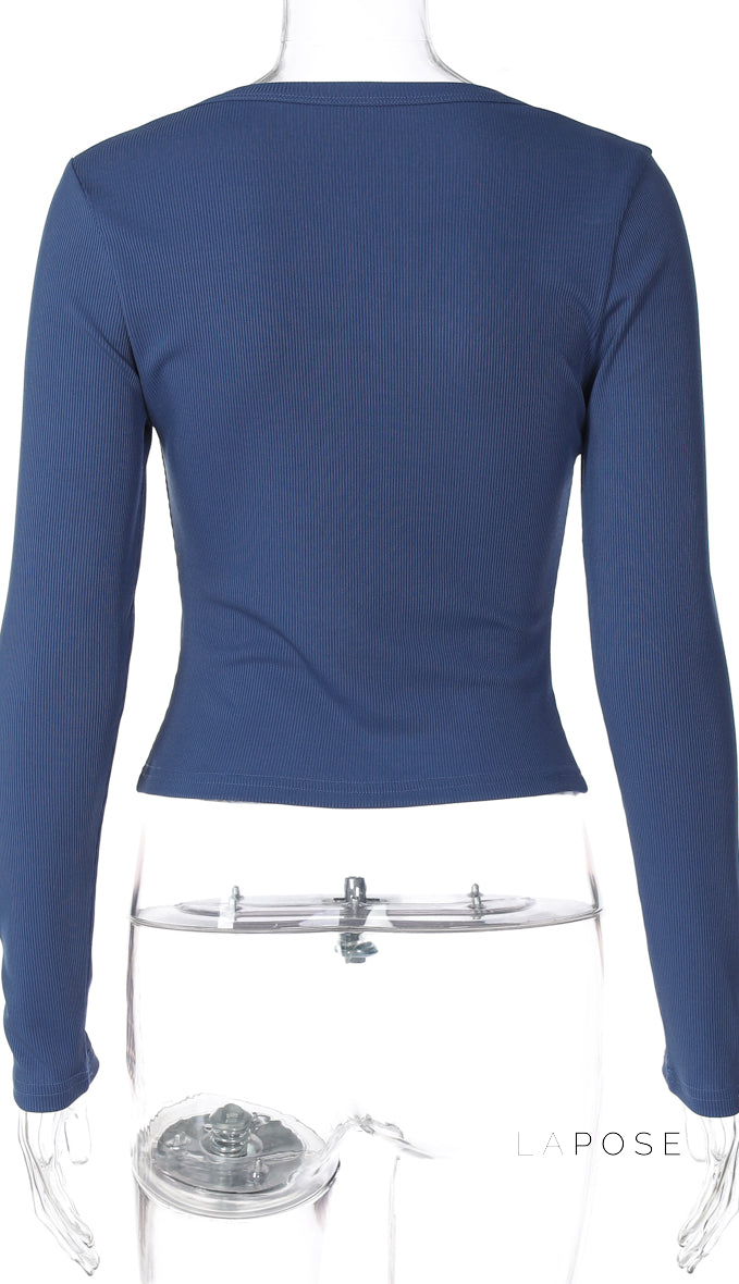 Aditri Ribbed Button U-Neck Top [PMJX6FHT]