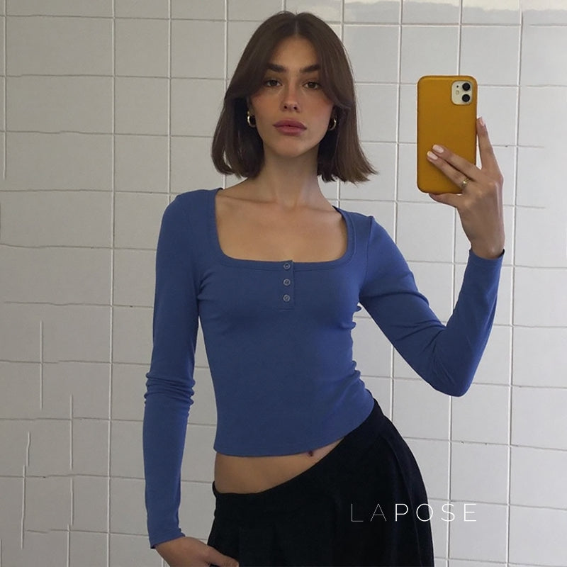 Aditri Ribbed Button U-Neck Top [S3E2VRXK]