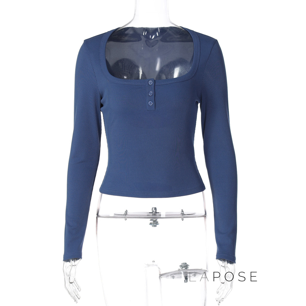 Aditri Ribbed Button U-Neck Top [6ILBXRPG]