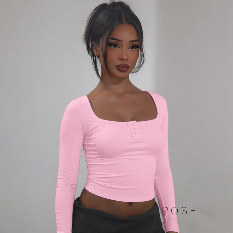 Aditri Ribbed Button U-Neck Top [02D98VP5]