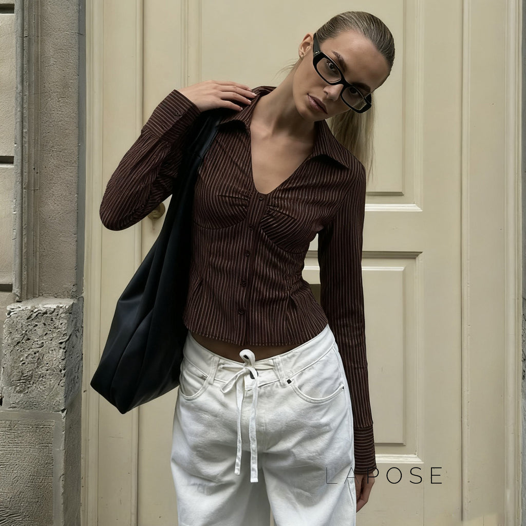 Ailen Striped V-Neck Shirt [1TAT2GO1]