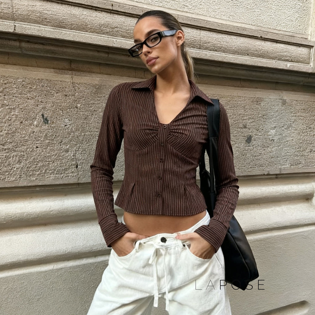 Ailen Striped V-Neck Shirt [SP7NZAXK]