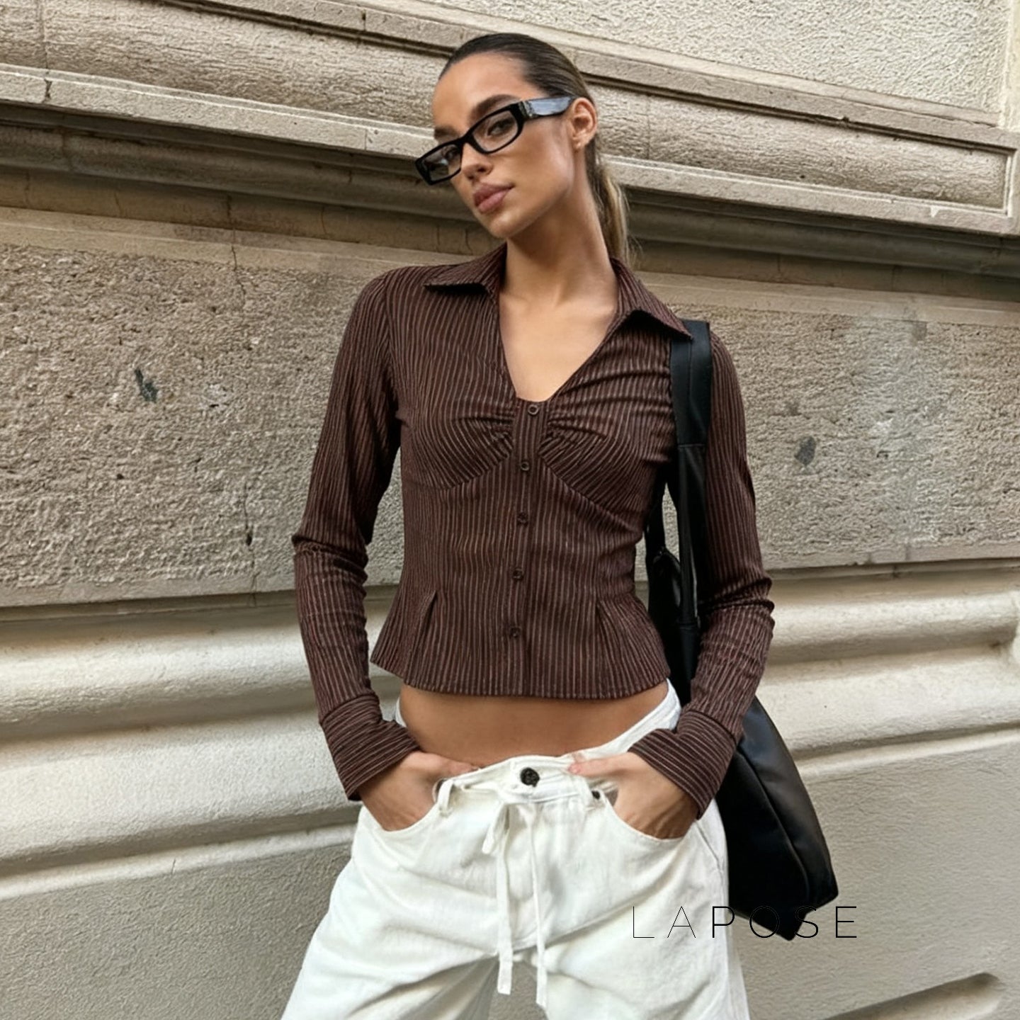 Ailen Striped V-Neck Shirt [SP7NZAXK]