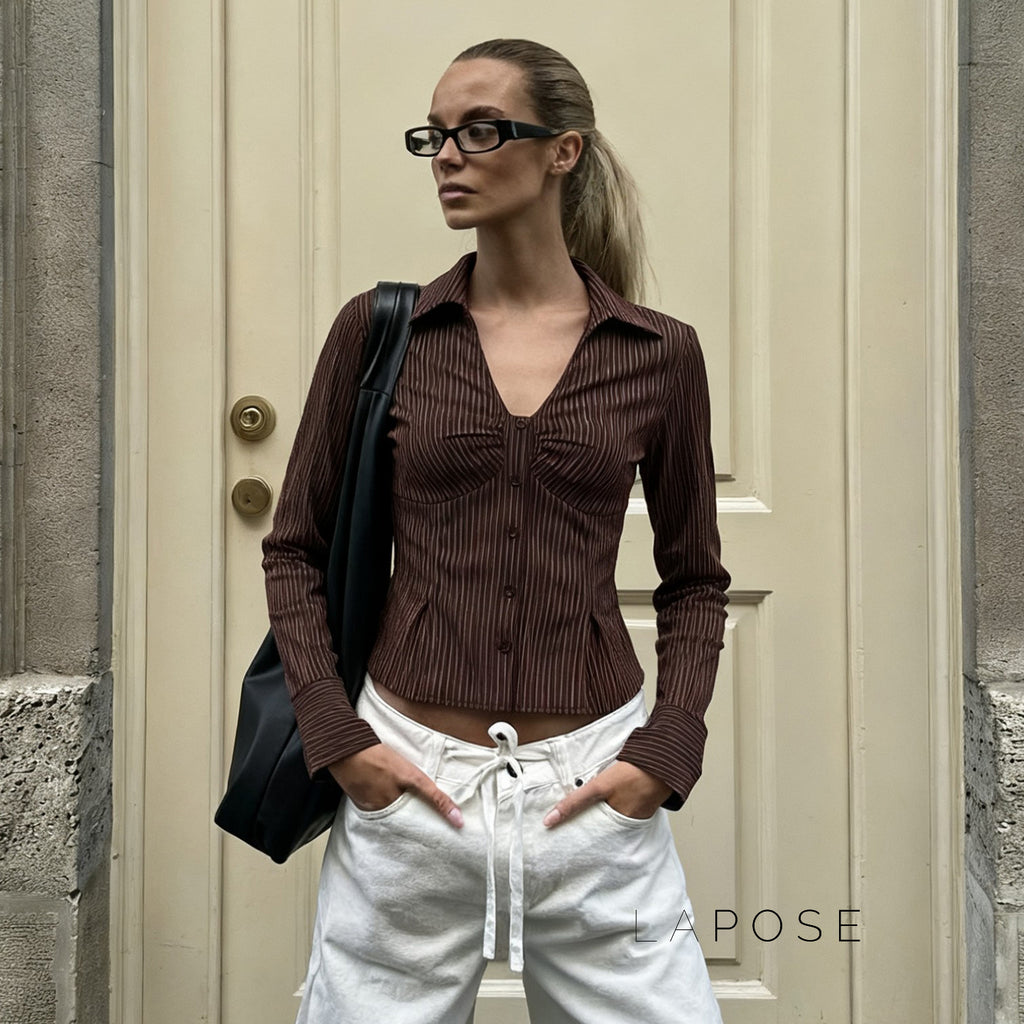 Ailen Striped V-Neck Shirt [KPY3IJM2]