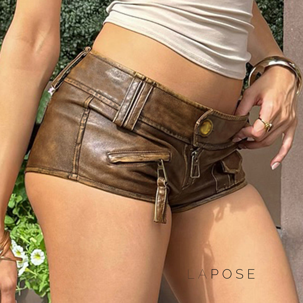 Ainslie Brown Faux Leather Biker Shorts [ECO8X0C9]