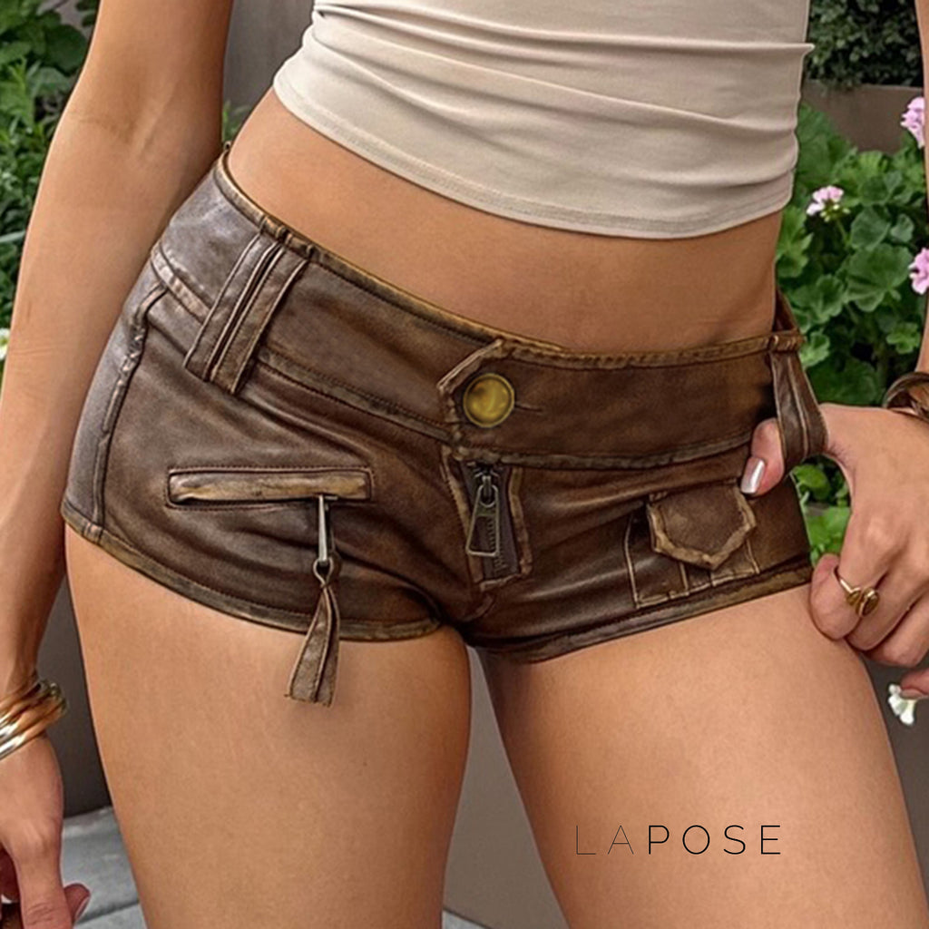 Ainslie Brown Faux Leather Biker Shorts [F9J9XI1N]