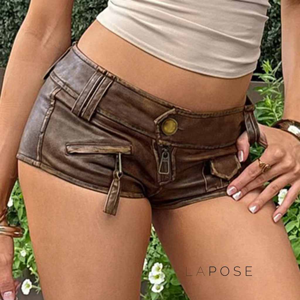 Ainslie Brown Faux Leather Biker Shorts [OO4QV3XG]