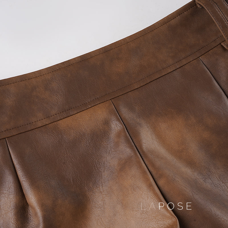 Ainslie Brown Faux Leather Biker Shorts [E8Y4SGXU]