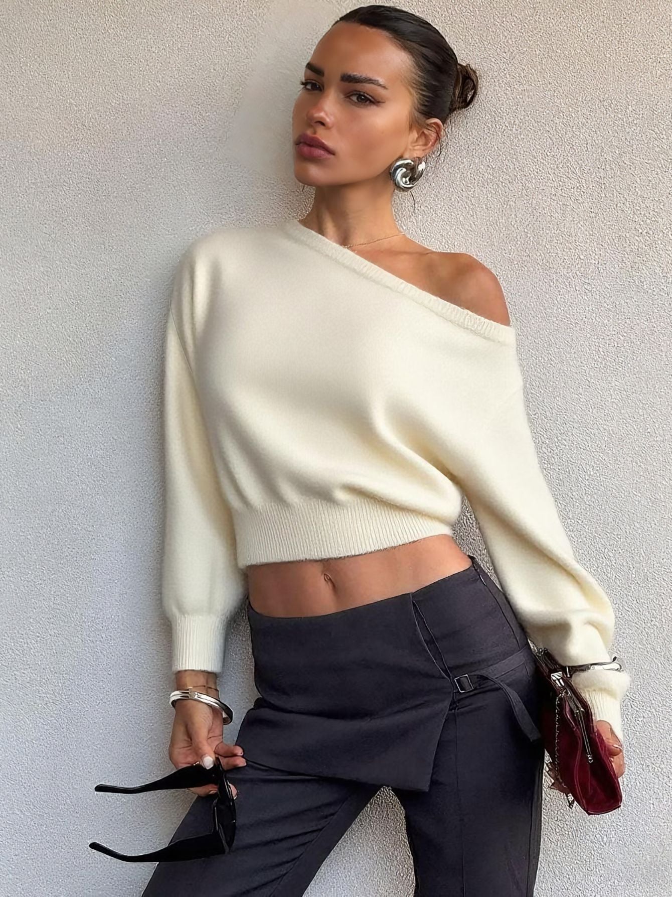 Aisha Knit Slant Collar Crop Top [Y7PONYIJ]