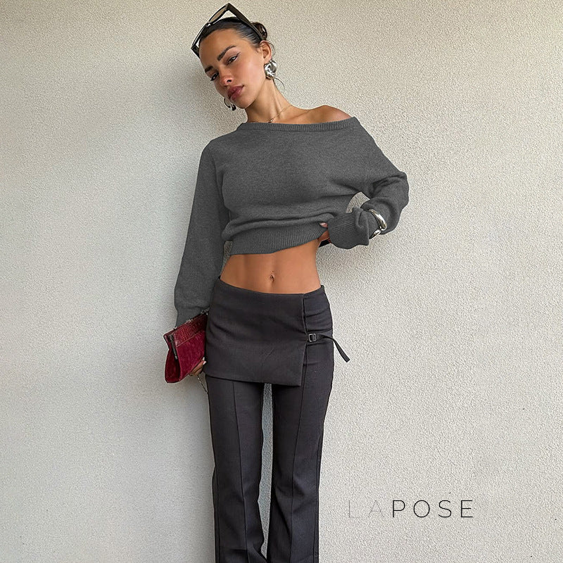 Aisha Knit Slant Collar Crop Top [7W6ENMQL]