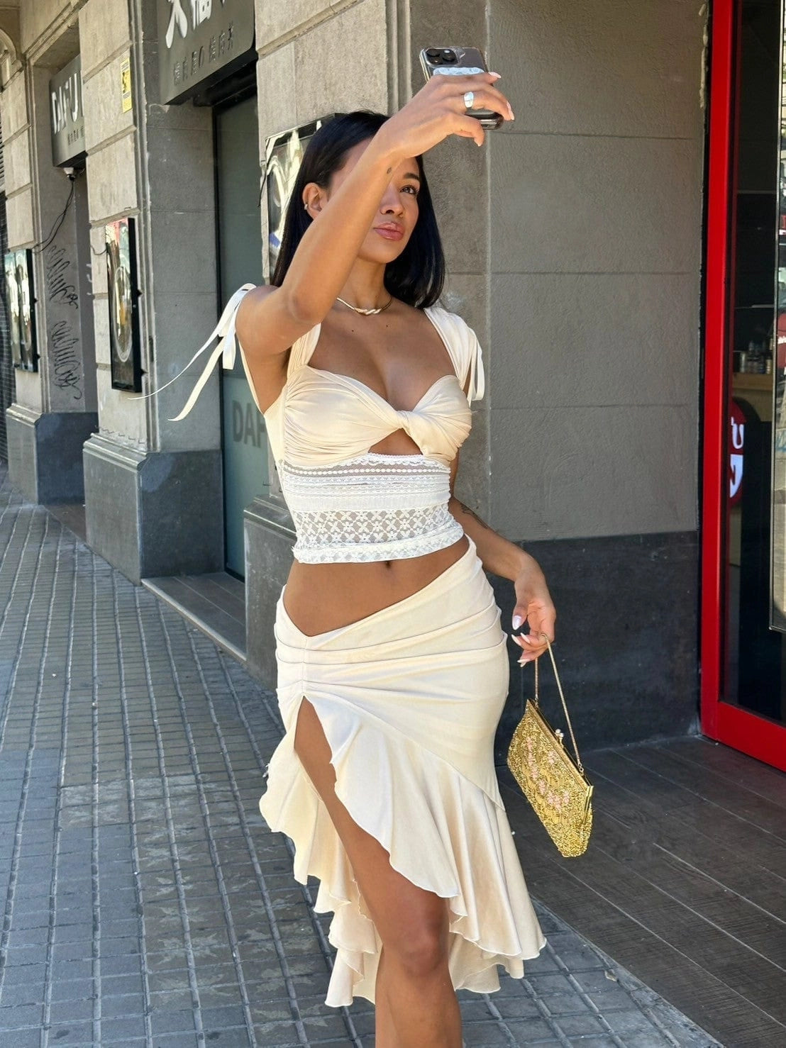 LaPose Aislyn Draped Ruffle Midi Skirt