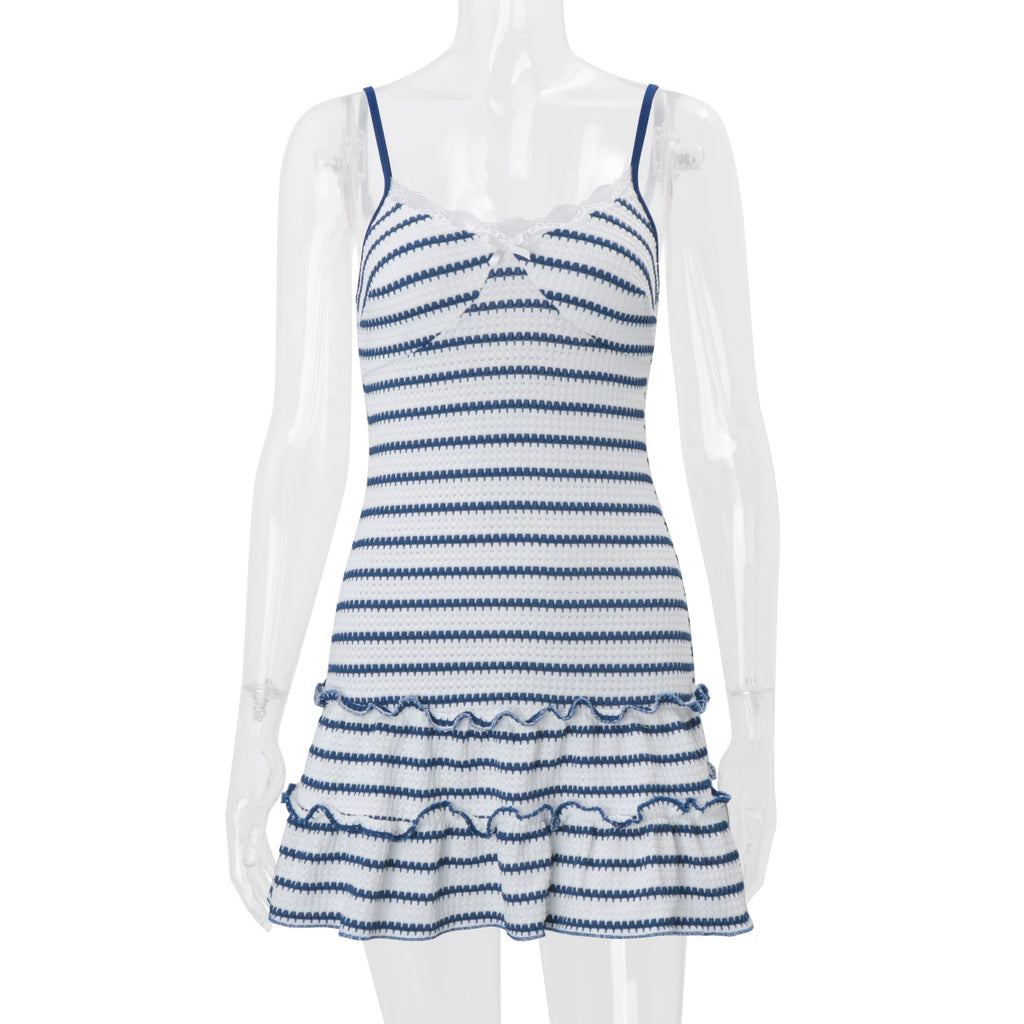 LaPose - Alara Striped Lace Ruffle Mini Dress