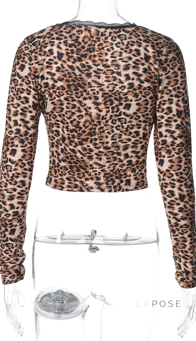 Aleksandra Leopard Lace-Up Cardigan Top [P4TS69OC]