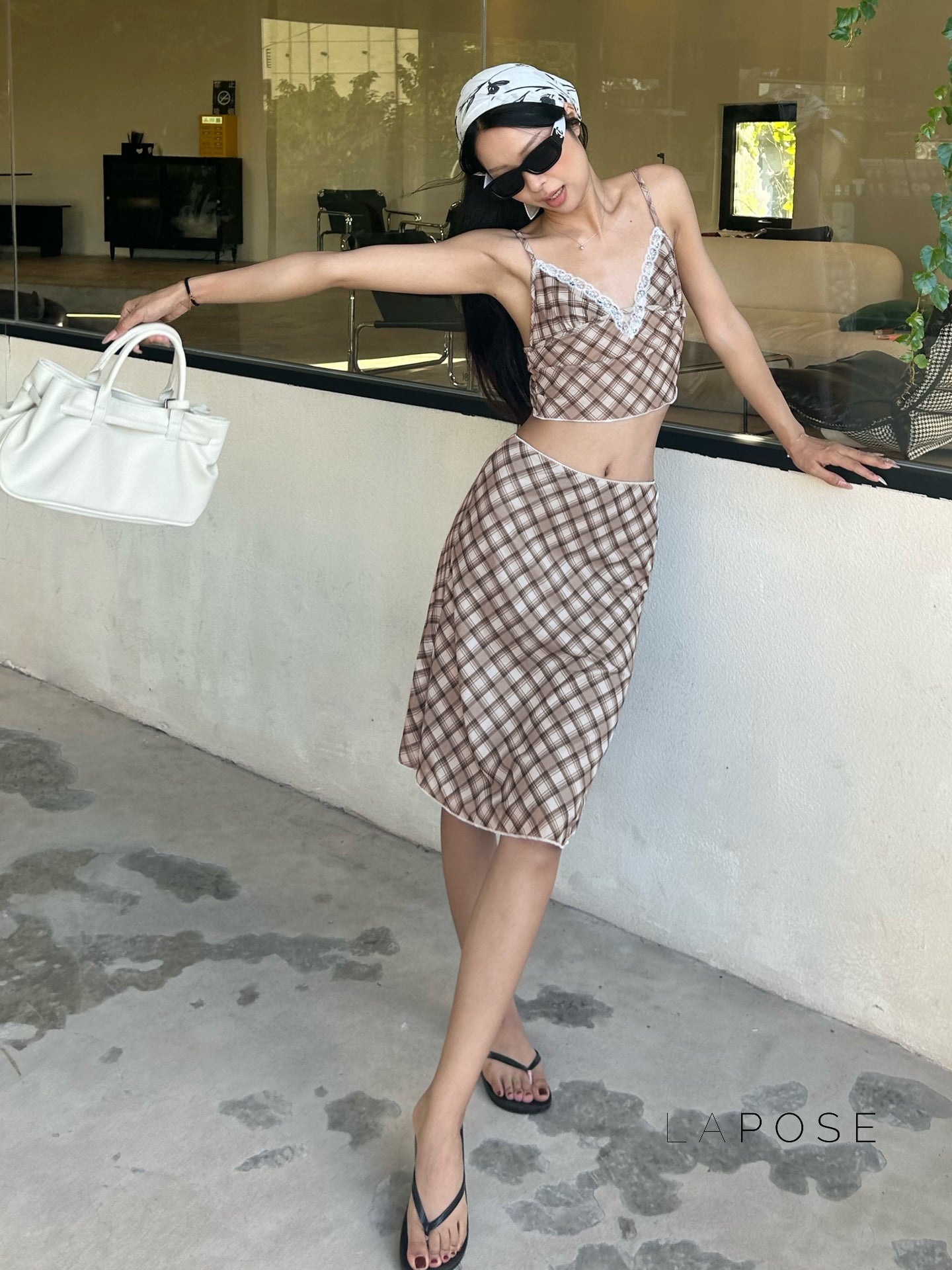 Alize Lace Trim Plaid Skirt Set [8525E1L4]