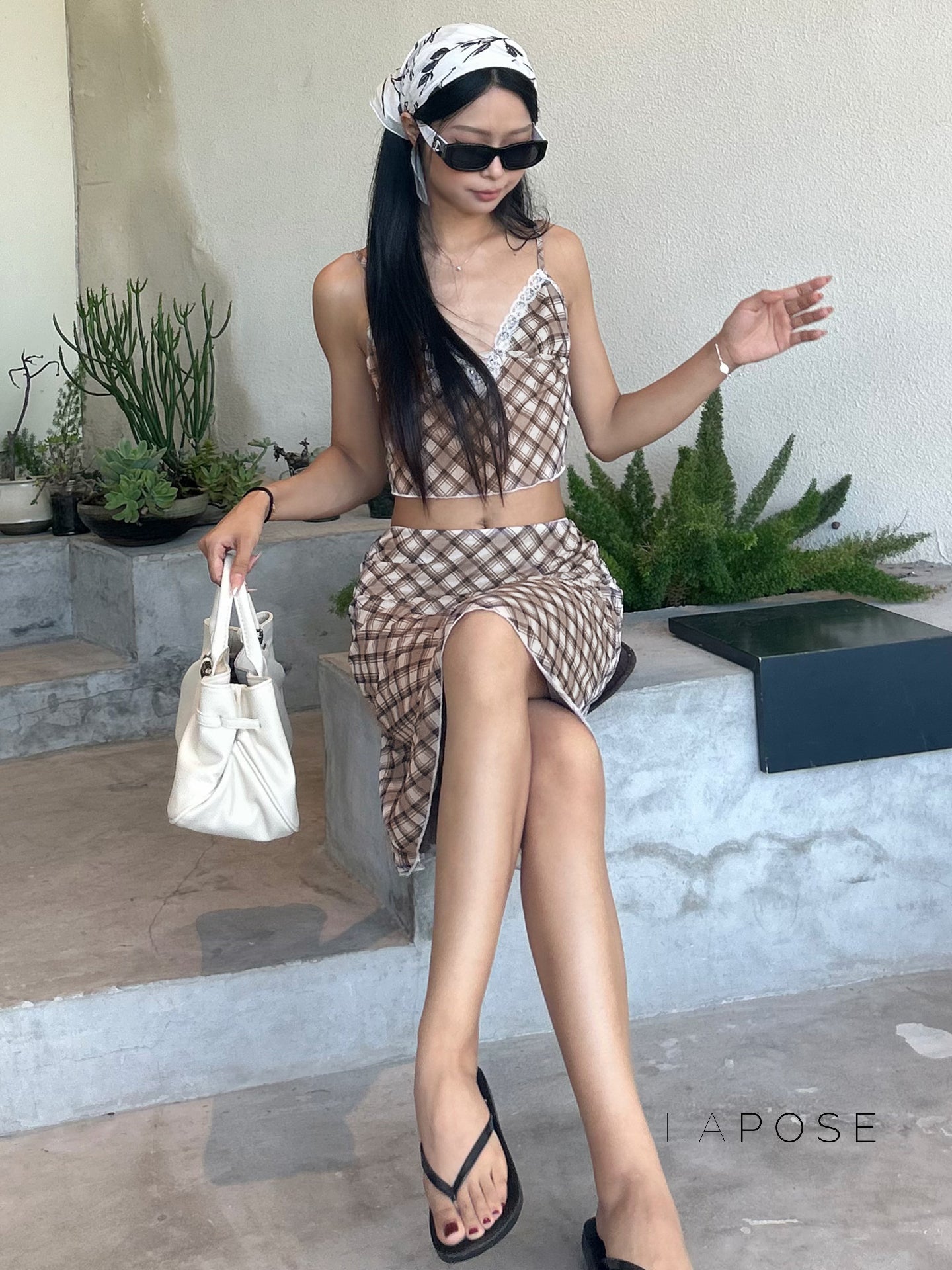 Alize Lace Trim Plaid Skirt Set [779644LO]