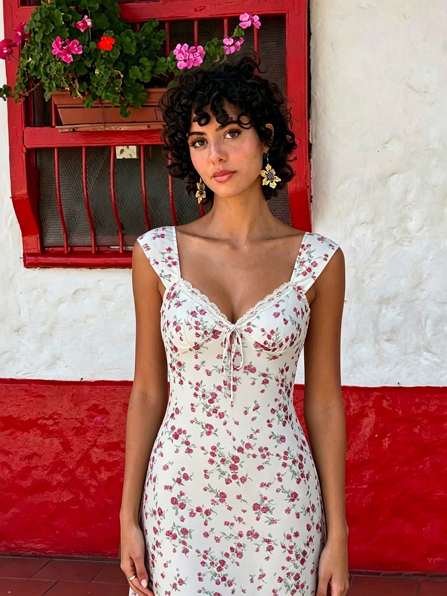 Allura Floral Lace Trim Maxi Dress - Red Floral Color