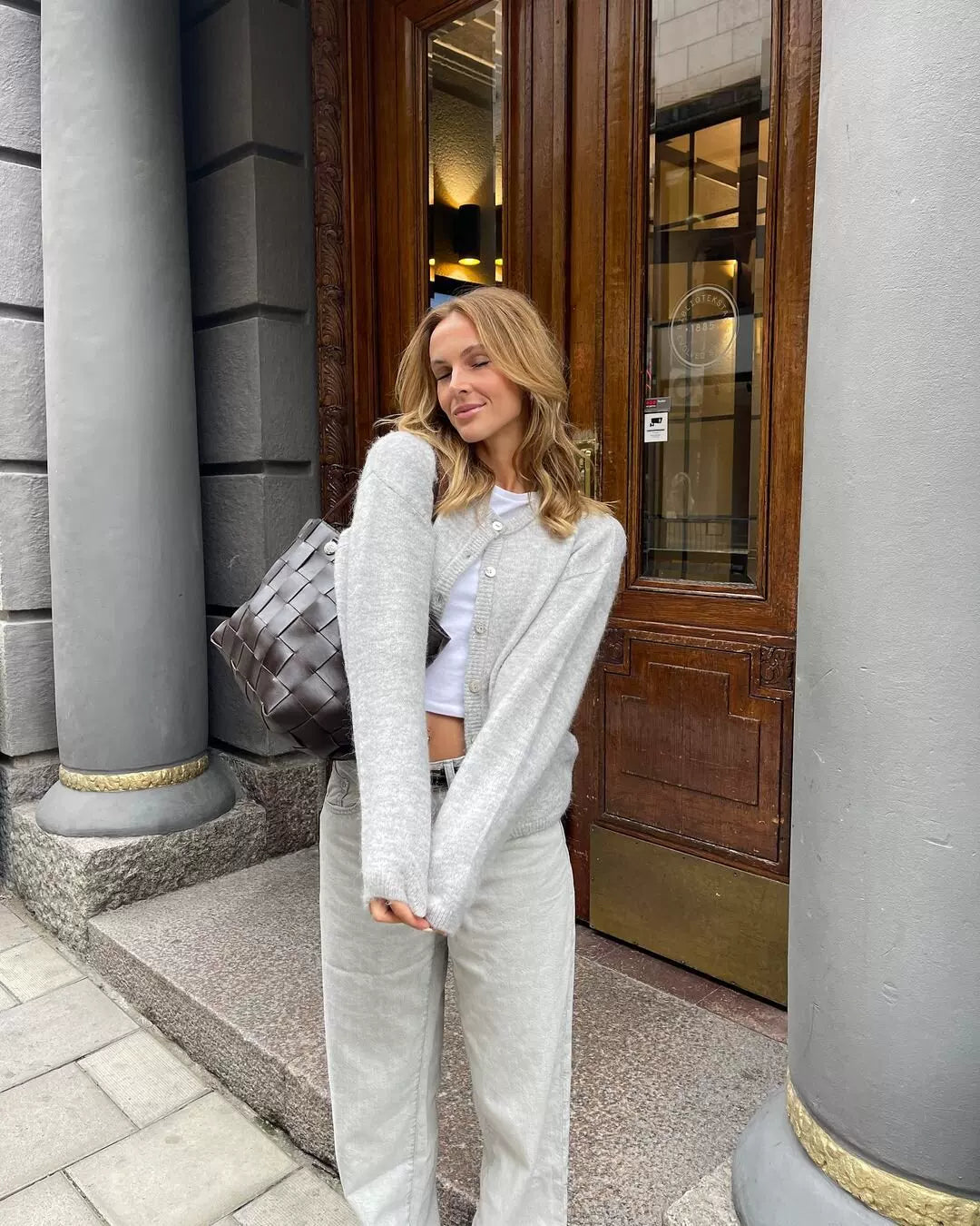 LaPose - Alynna Soft Knit Button Cardigan - Light Grey Color